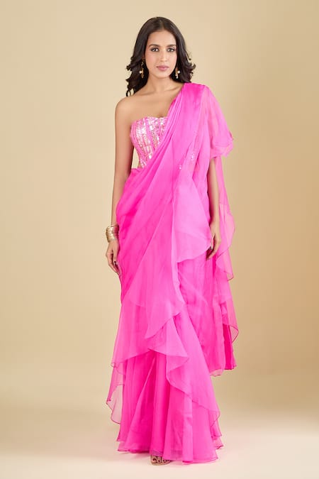 Shop Archana Shah Pink Sequins Square Neck Pre-draped Ruffle Saree With Corset Online at Aza Fashions Shop_Archana Shah_Pink Sequins Square Neck Pre-draped Ruffle Saree With Corset _Online_at_Aza_Fashions