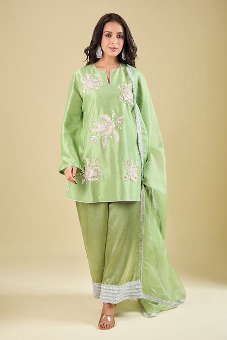 Archana Shah Green Embroidery, Zari Split V-neck Butta Kurta Set 