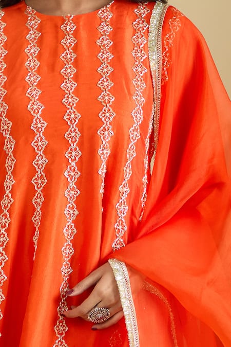 Shop Archana Shah Orange Cotton Zari Round Neck Striped Embroidered Kurta Set Online at Aza Fashions Shop_Archana Shah_Orange Cotton Zari Round Neck Striped Embroidered Kurta Set _Online_at_Aza_Fashions