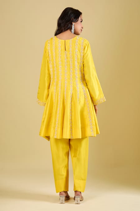 Shop Archana Shah Yellow Zari Round Neck Striped Embroidered Short Anarkali Set at Aza Fashions Shop_Archana Shah_Yellow Zari Round Neck Striped Embroidered Short Anarkali Set _at_Aza_Fashions