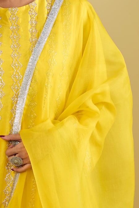 Archana Shah Yellow Zari Round Neck Striped Embroidered Short Anarkali Set Online at Aza Fashions Archana Shah_Yellow Zari Round Neck Striped Embroidered Short Anarkali Set _Online_at_Aza_Fashions