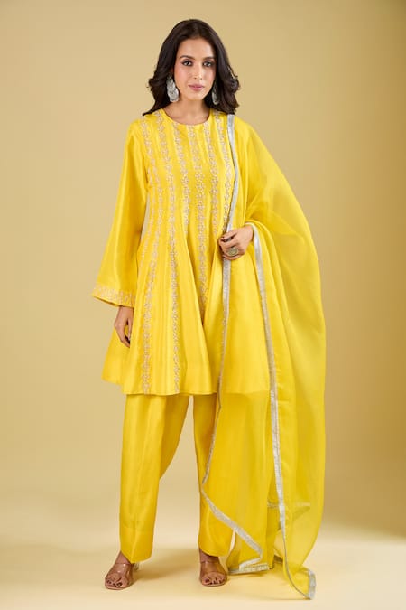 Archana Shah Yellow Zari Round Neck Striped Embroidered Short Anarkali Set at Aza Fashions Archana Shah_Yellow Zari Round Neck Striped Embroidered Short Anarkali Set _at_Aza_Fashions