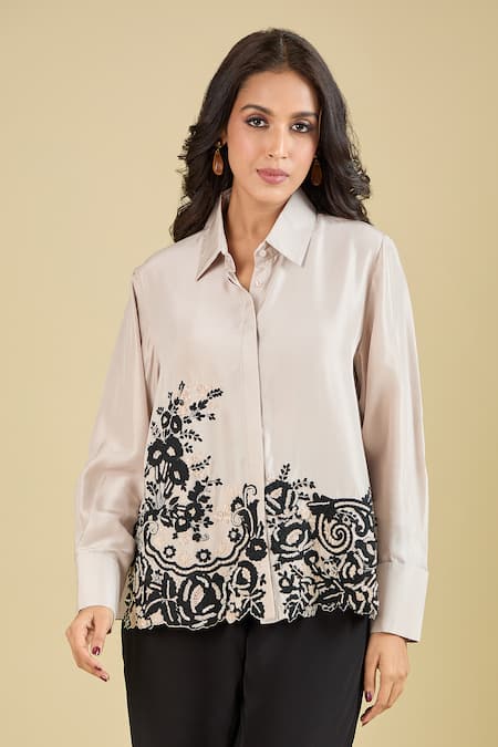 Pankaj & Nidhi Beige Embroidery Collared Noa Shirt