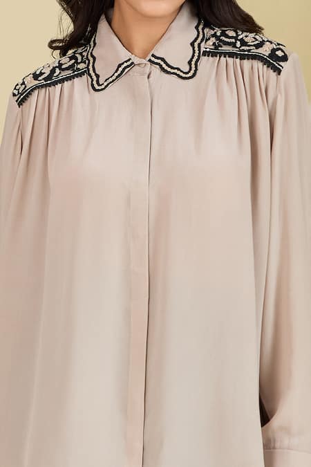 Pankaj & Nidhi Beige Embroidery Collared Noa Shirt Online at Aza Fashions Pankaj & Nidhi_Beige Embroidery Collared Noa Shirt _Online_at_Aza_Fashions