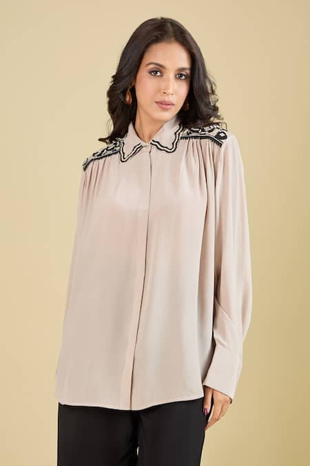 Pankaj & Nidhi Beige Embroidery Collared Noa Shirt