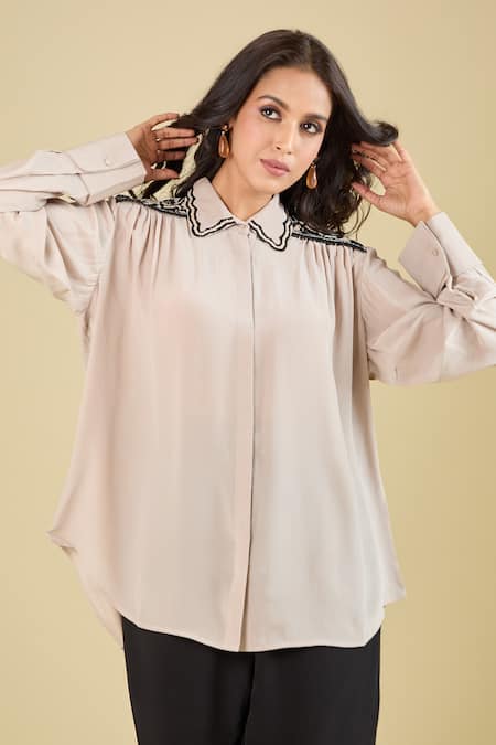 Buy Pankaj & Nidhi Beige Embroidery Collared Noa Shirt Online at Aza Fashions Buy_Pankaj & Nidhi_Beige Embroidery Collared Noa Shirt _Online_at_Aza_Fashions