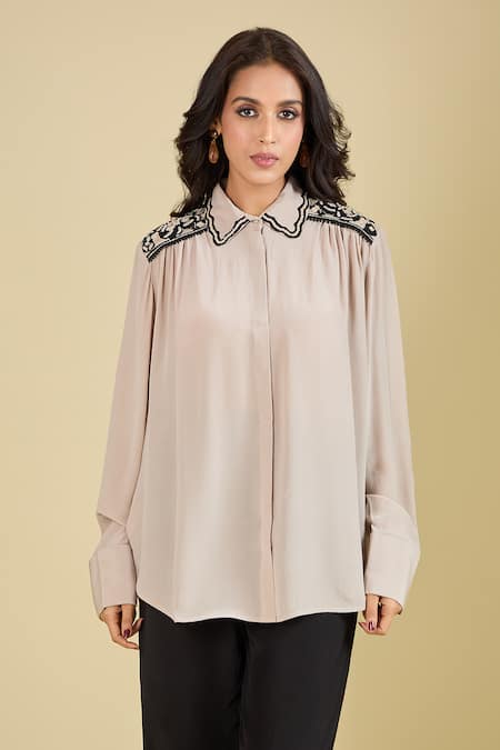 Shop Pankaj & Nidhi Beige Embroidery Collared Noa Shirt Online at Aza Fashions Shop_Pankaj & Nidhi_Beige Embroidery Collared Noa Shirt _Online_at_Aza_Fashions