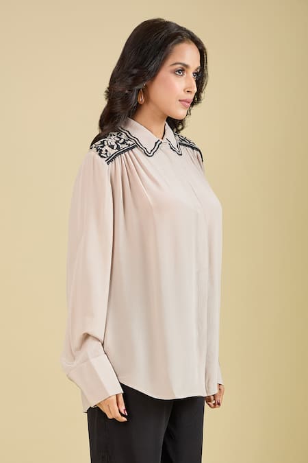 Pankaj & Nidhi Beige Embroidery Collared Noa Shirt at Aza Fashions Pankaj & Nidhi_Beige Embroidery Collared Noa Shirt _at_Aza_Fashions
