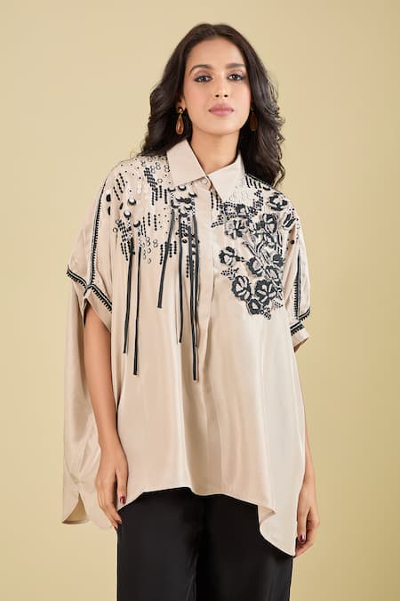 Pankaj & Nidhi Beige Embroidery Collared Elsie Tassel Shirt