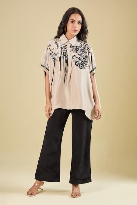 Pankaj & Nidhi Beige Embroidery Collared Elsie Tassel Shirt Online at Aza Fashions Pankaj & Nidhi_Beige Embroidery Collared Elsie Tassel Shirt _Online_at_Aza_Fashions