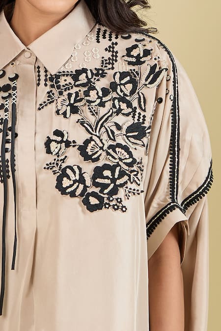 Buy Pankaj & Nidhi Beige Embroidery Collared Elsie Tassel Shirt Online at Aza Fashions Buy_Pankaj & Nidhi_Beige Embroidery Collared Elsie Tassel Shirt _Online_at_Aza_Fashions