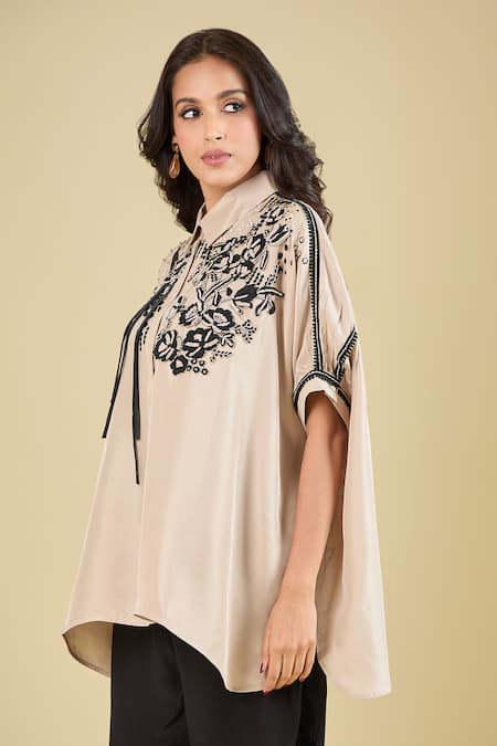Shop Pankaj & Nidhi Beige Embroidery Collared Elsie Tassel Shirt Online at Aza Fashions Shop_Pankaj & Nidhi_Beige Embroidery Collared Elsie Tassel Shirt _Online_at_Aza_Fashions