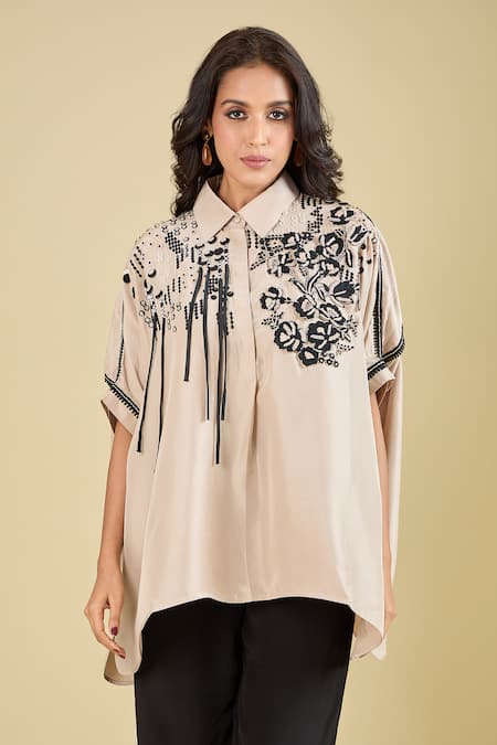 Pankaj & Nidhi Beige Embroidery Collared Elsie Tassel Shirt at Aza Fashions Pankaj & Nidhi_Beige Embroidery Collared Elsie Tassel Shirt _at_Aza_Fashions
