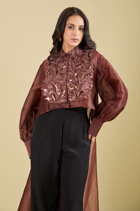 Pankaj & Nidhi Maroon Sequins, Embroidery Collared Claret Applique Yoke Top Online at Aza Fashions Pankaj & Nidhi_Maroon Sequins, Embroidery Collared Claret Applique Yoke Top _Online_at_Aza_Fashions
