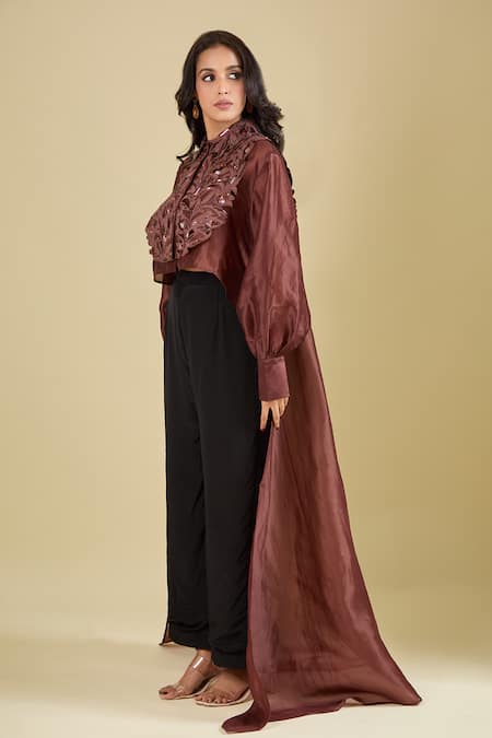 Buy Pankaj & Nidhi Maroon Sequins, Embroidery Collared Claret Applique Yoke Top Online at Aza Fashions Buy_Pankaj & Nidhi_Maroon Sequins, Embroidery Collared Claret Applique Yoke Top _Online_at_Aza_Fashions