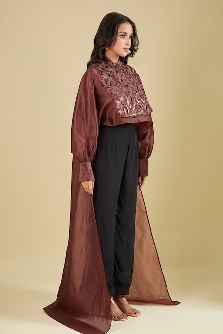 Shop Pankaj & Nidhi Maroon Sequins, Embroidery Collared Claret Applique Yoke Top Online at Aza Fashions Shop_Pankaj & Nidhi_Maroon Sequins, Embroidery Collared Claret Applique Yoke Top _Online_at_Aza_Fashions