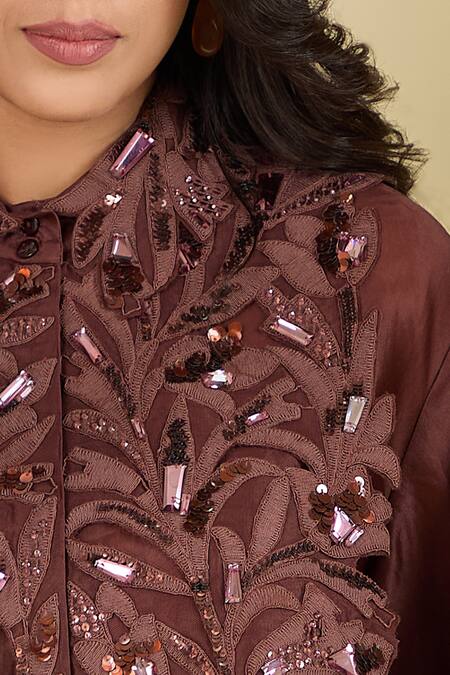 Pankaj & Nidhi Maroon Sequins, Embroidery Collared Claret Applique Yoke Top at Aza Fashions Pankaj & Nidhi_Maroon Sequins, Embroidery Collared Claret Applique Yoke Top _at_Aza_Fashions