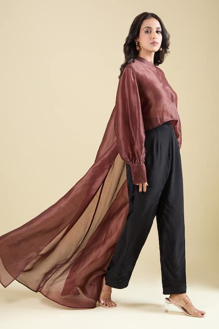 Pankaj & Nidhi_Maroon Round Neck Avah High-low Jacket _Online_at_Aza_Fashions