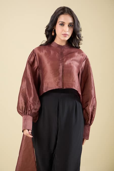 Buy_Pankaj & Nidhi_Maroon Round Neck Avah High-low Jacket _Online_at_Aza_Fashions