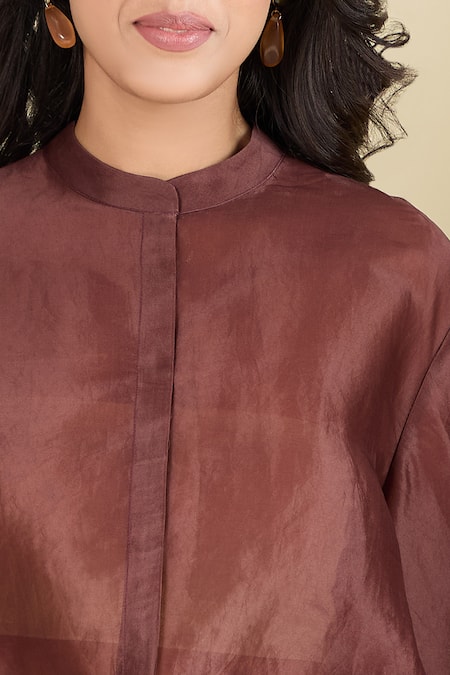 Shop_Pankaj & Nidhi_Maroon Round Neck Avah High-low Jacket _Online_at_Aza_Fashions