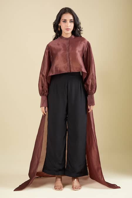 Pankaj & Nidhi Maroon Round Neck Avah High-low Jacket