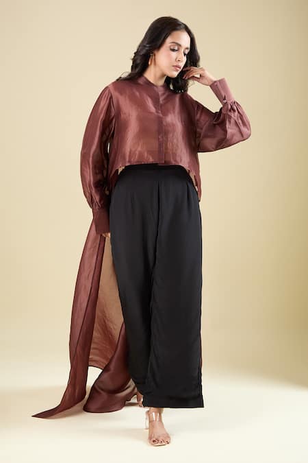 Pankaj & Nidhi_Maroon Round Neck Avah High-low Jacket _at_Aza_Fashions