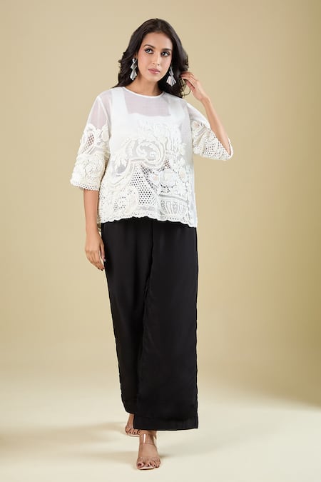 Pankaj & Nidhi_White Embroidery Crew Neck Arlette Sheer Top _Online_at_Aza_Fashions