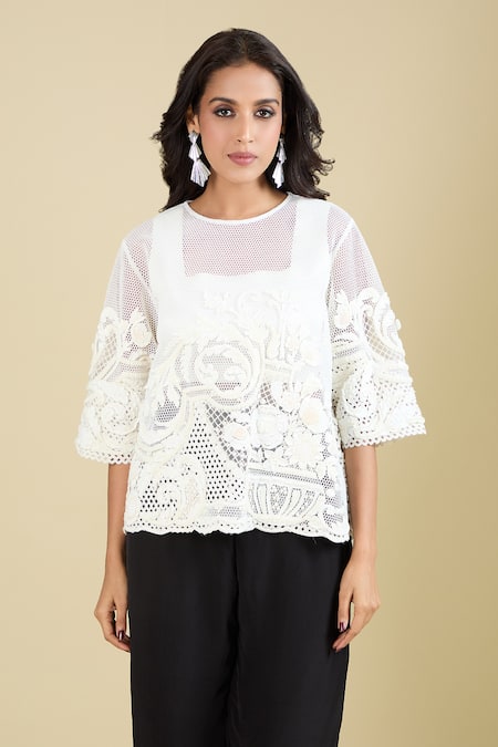Buy_Pankaj & Nidhi_White Embroidery Crew Neck Arlette Sheer Top _Online_at_Aza_Fashions