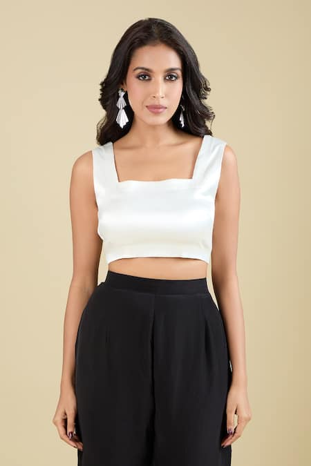 Shop_Pankaj & Nidhi_White Embroidery Crew Neck Arlette Sheer Top _Online_at_Aza_Fashions