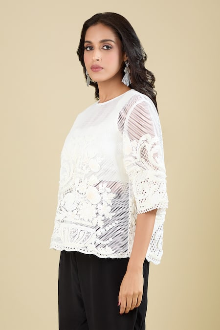 Pankaj & Nidhi_White Embroidery Crew Neck Arlette Sheer Top _at_Aza_Fashions