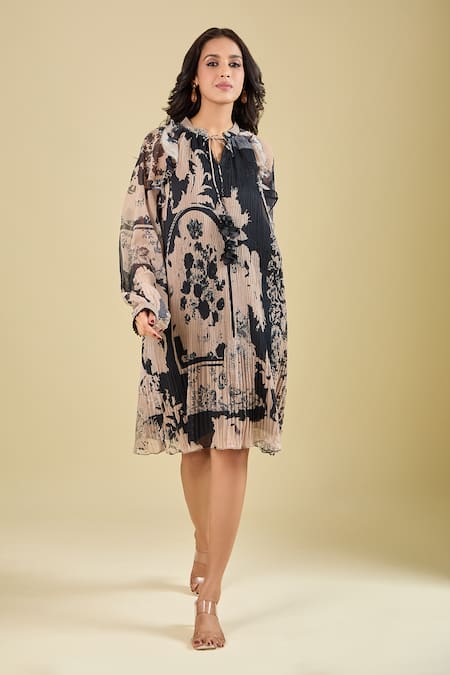 Pankaj & Nidhi_Beige Round Neck Wisp Printed Accordion Pleated Dress _Online_at_Aza_Fashions