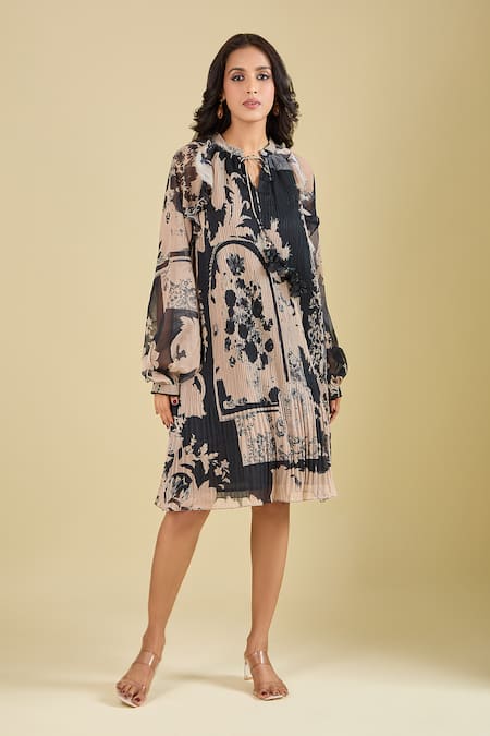 Buy_Pankaj & Nidhi_Beige Round Neck Wisp Printed Accordion Pleated Dress _Online_at_Aza_Fashions