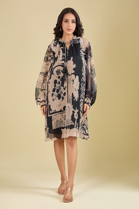 Shop_Pankaj & Nidhi_Beige Round Neck Wisp Printed Accordion Pleated Dress _Online_at_Aza_Fashions