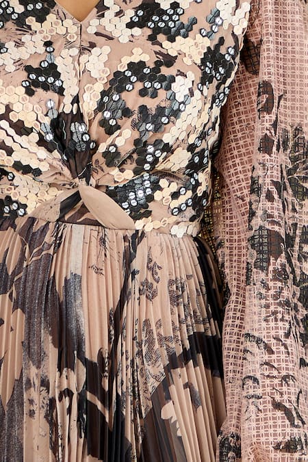 Pankaj & Nidhi_Beige Sequins V-neck Wisp Work Accordion Pleated Dress _Online_at_Aza_Fashions