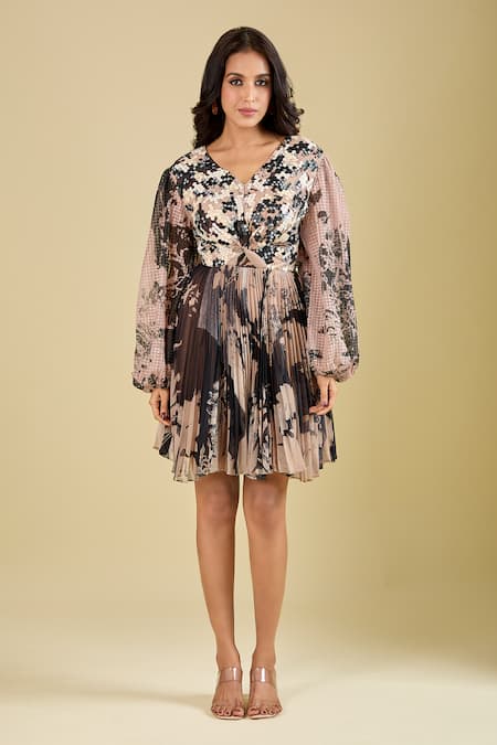 Buy_Pankaj & Nidhi_Beige Sequins V-neck Wisp Work Accordion Pleated Dress _Online_at_Aza_Fashions