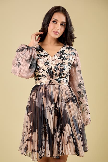 Pankaj & Nidhi_Beige Sequins V-neck Wisp Work Accordion Pleated Dress _at_Aza_Fashions