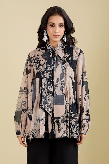 Pankaj & Nidhi_Beige Collared Wisp Printed Shirt _Online_at_Aza_Fashions