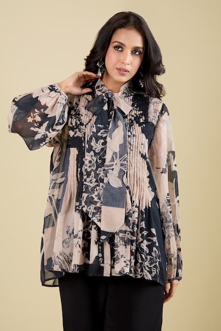 Pankaj & Nidhi Beige Wisp Printed Shirt