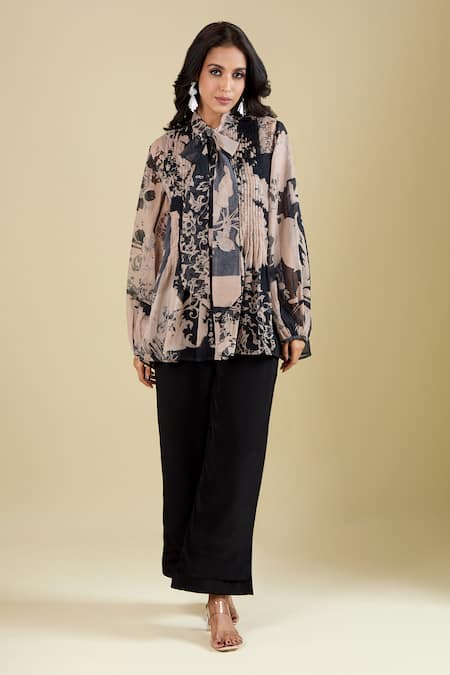 Buy_Pankaj & Nidhi_Beige Collared Wisp Printed Shirt _Online_at_Aza_Fashions
