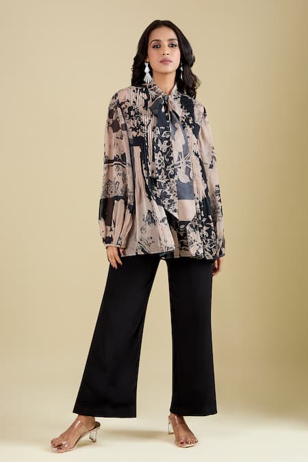 Shop_Pankaj & Nidhi_Beige Collared Wisp Printed Shirt _Online_at_Aza_Fashions