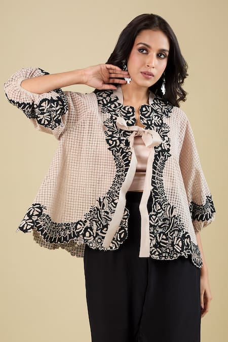 Pankaj & Nidhi Beige Embroidery Round Neck Pricilla Jacket And Top Set