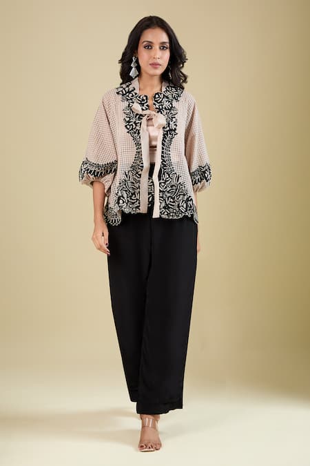 Pankaj & Nidhi_Beige Embroidery Round Neck Pricilla Jacket And Top Set _Online_at_Aza_Fashions