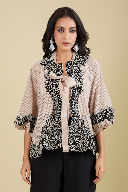 Buy_Pankaj & Nidhi_Beige Embroidery Round Neck Pricilla Jacket And Top Set _Online_at_Aza_Fashions