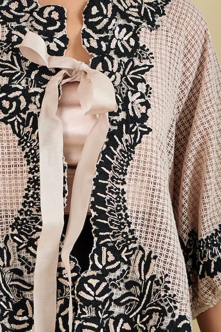 Pankaj & Nidhi_Beige Embroidery Round Neck Pricilla Jacket And Top Set _at_Aza_Fashions