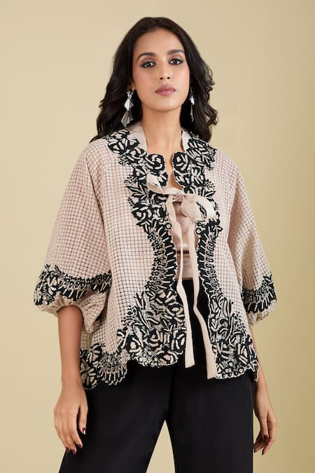 Buy_Pankaj & Nidhi_Beige Embroidery Round Neck Pricilla Jacket And Top Set 