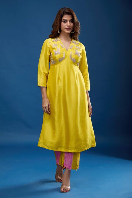 Archana Shah_Yellow Silk Embroidery V-neck Yoke Kurta And Striped Pant Set_Online_at_Aza_Fashions