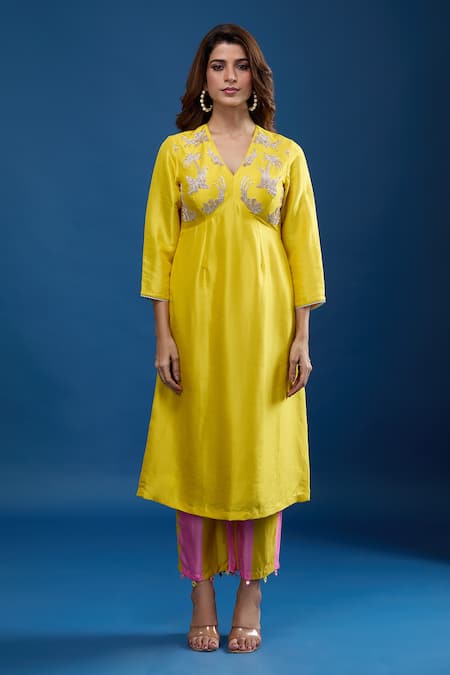 Buy_Archana Shah_Yellow Silk Embroidery V-neck Yoke Kurta And Striped Pant Set_Online_at_Aza_Fashions