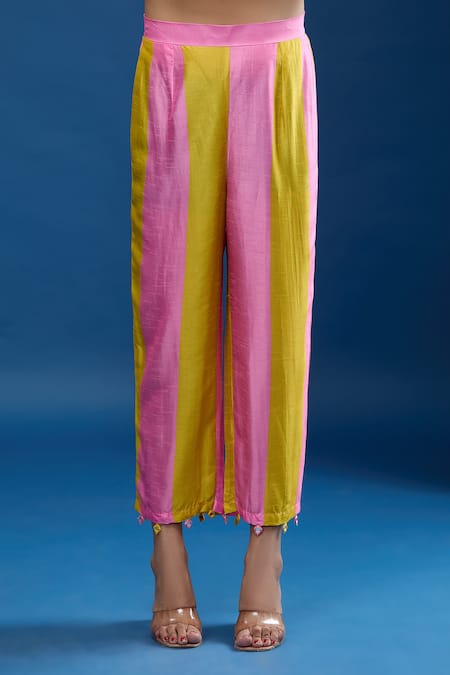 Shop_Archana Shah_Yellow Silk Embroidery V-neck Yoke Kurta And Striped Pant Set_Online_at_Aza_Fashions