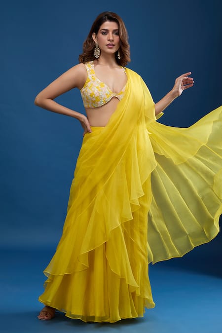 Buy Archana Shah Yellow Embroidery Round Neck Ruffle Palla Pre-draped Saree With Bustier Online at Aza Fashions Buy_Archana Shah_Yellow Embroidery Round Neck Ruffle Palla Pre-draped Saree With Bustier _Online_at_Aza_Fashions