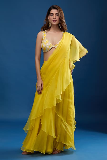 Archana Shah Yellow Embroidery Round Neck Ruffle Palla Pre-draped Saree With Bustier at Aza Fashions Archana Shah_Yellow Embroidery Round Neck Ruffle Palla Pre-draped Saree With Bustier _at_Aza_Fashions